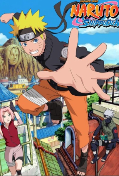 Naruto leaping across rooftops energetically.